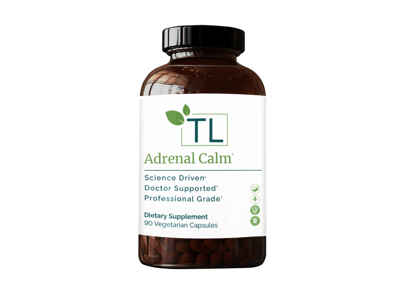 Adrenal Calm supplement bottle - A blend of adaptogenic herbs and nutrients supporting stress relief, mood balance, and adrenal health.