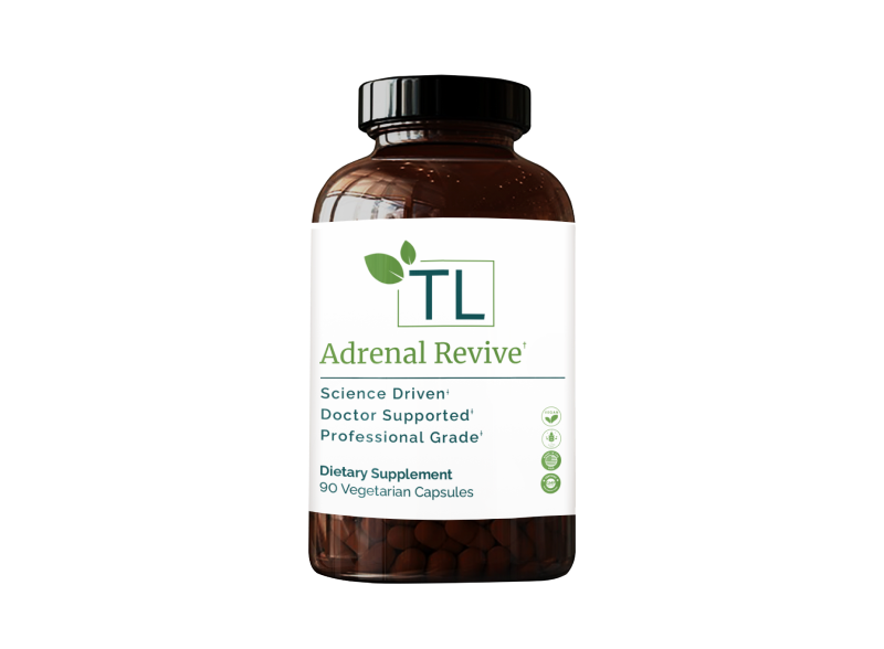 Adrenal Revive supplement bottle - A comprehensive blend of nutrients and adaptogens supporting adrenal health, energy, and stress management.