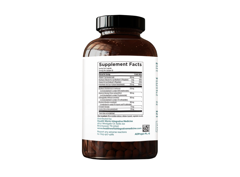 Adrenal Revive supplement Sup Facts - A comprehensive blend of nutrients and adaptogens supporting adrenal health, energy, and stress management.