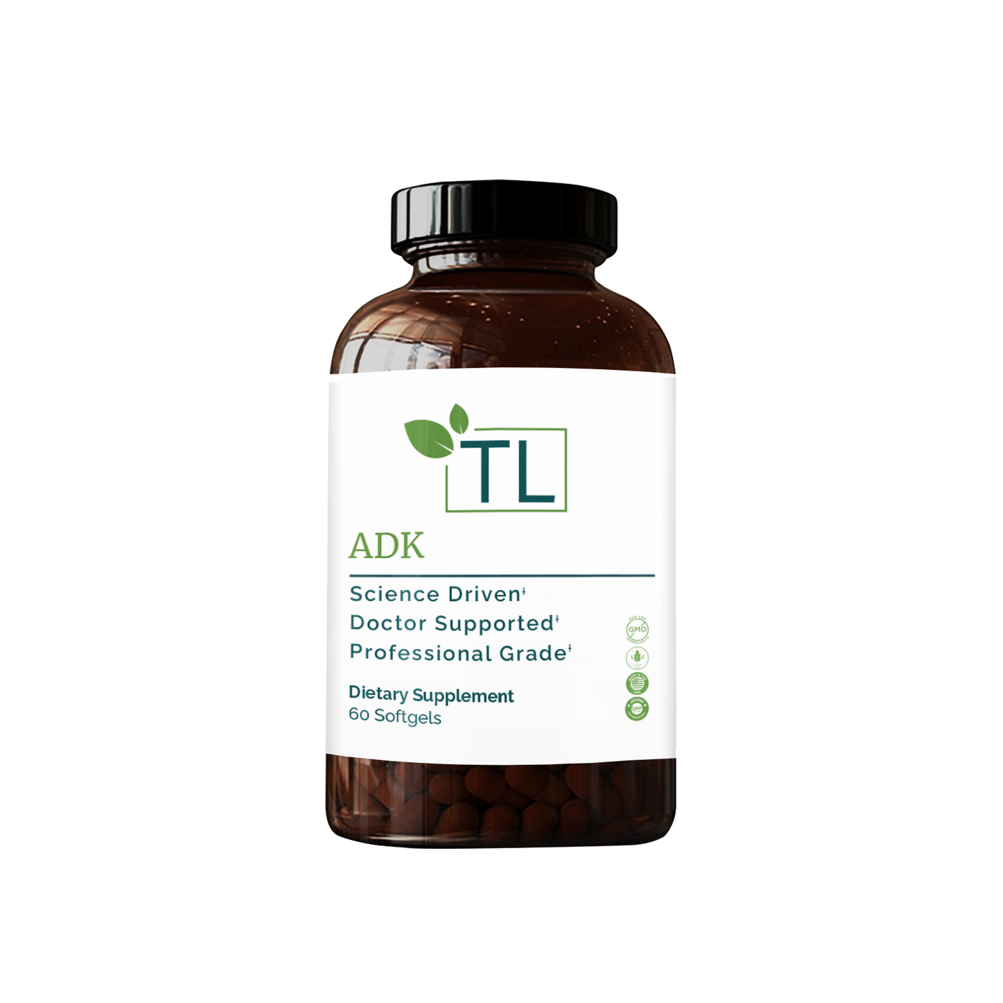 ADK supplement bottle - A blend of vitamins A, D, and K supporting bone strength, heart health, and immune function.
