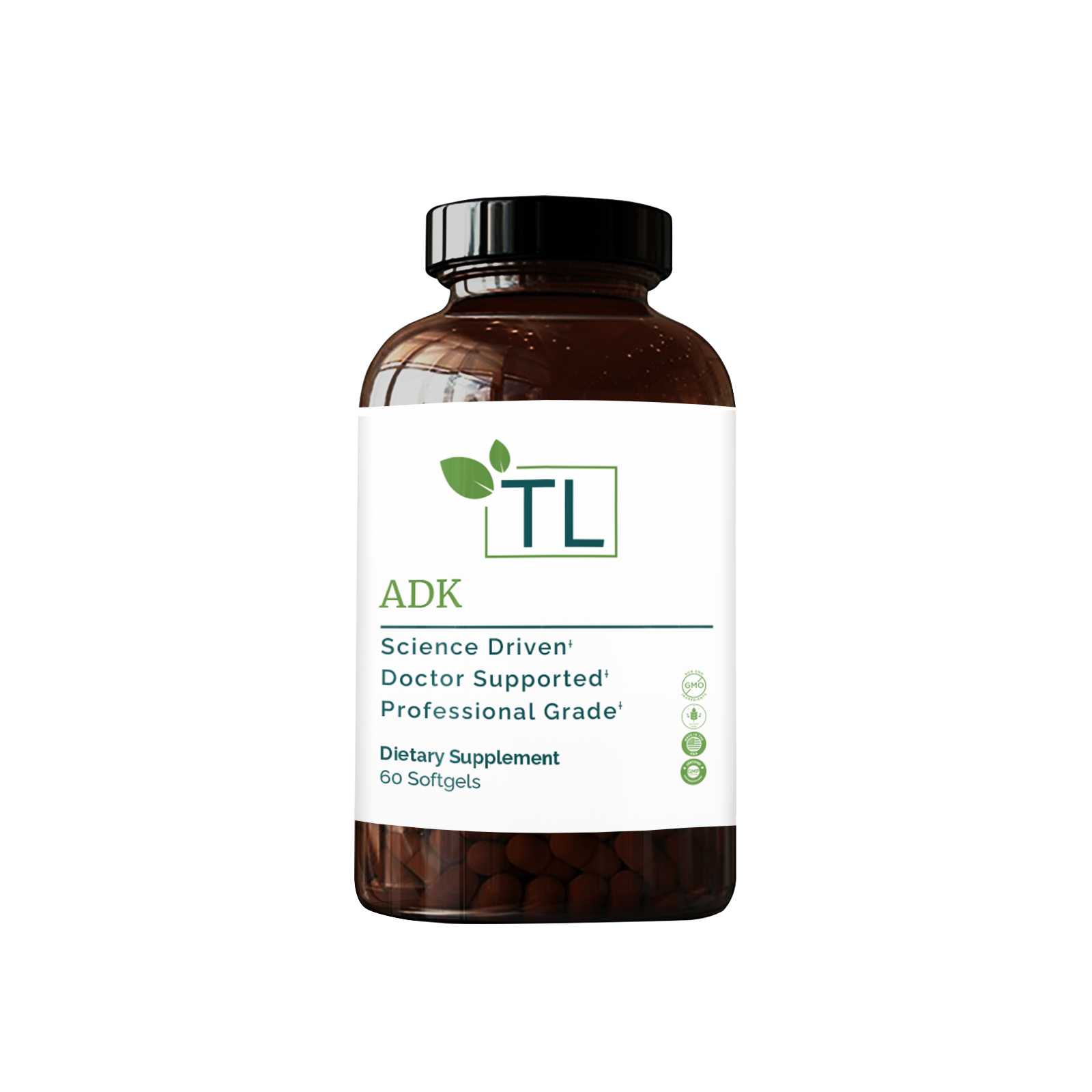 ADK supplement bottle - A blend of vitamins A, D, and K supporting bone strength, heart health, and immune function.