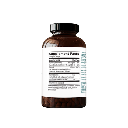 ADK Supplement Sup Facts - A blend of vitamins A, D, and K supporting bone strength, heart health, and immune function.