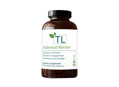Adrenal Revive supplement bottle - A comprehensive blend of nutrients and adaptogens supporting adrenal health, energy, and stress management.