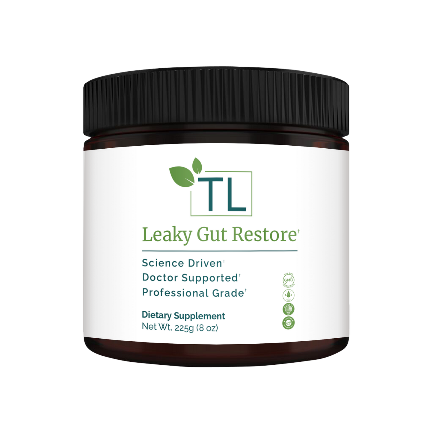 Leaky Gut Restore supplement bottle - A blend of amino acids, botanicals, and minerals supporting gut health, intestinal integrity, and a healthy inflammatory response.