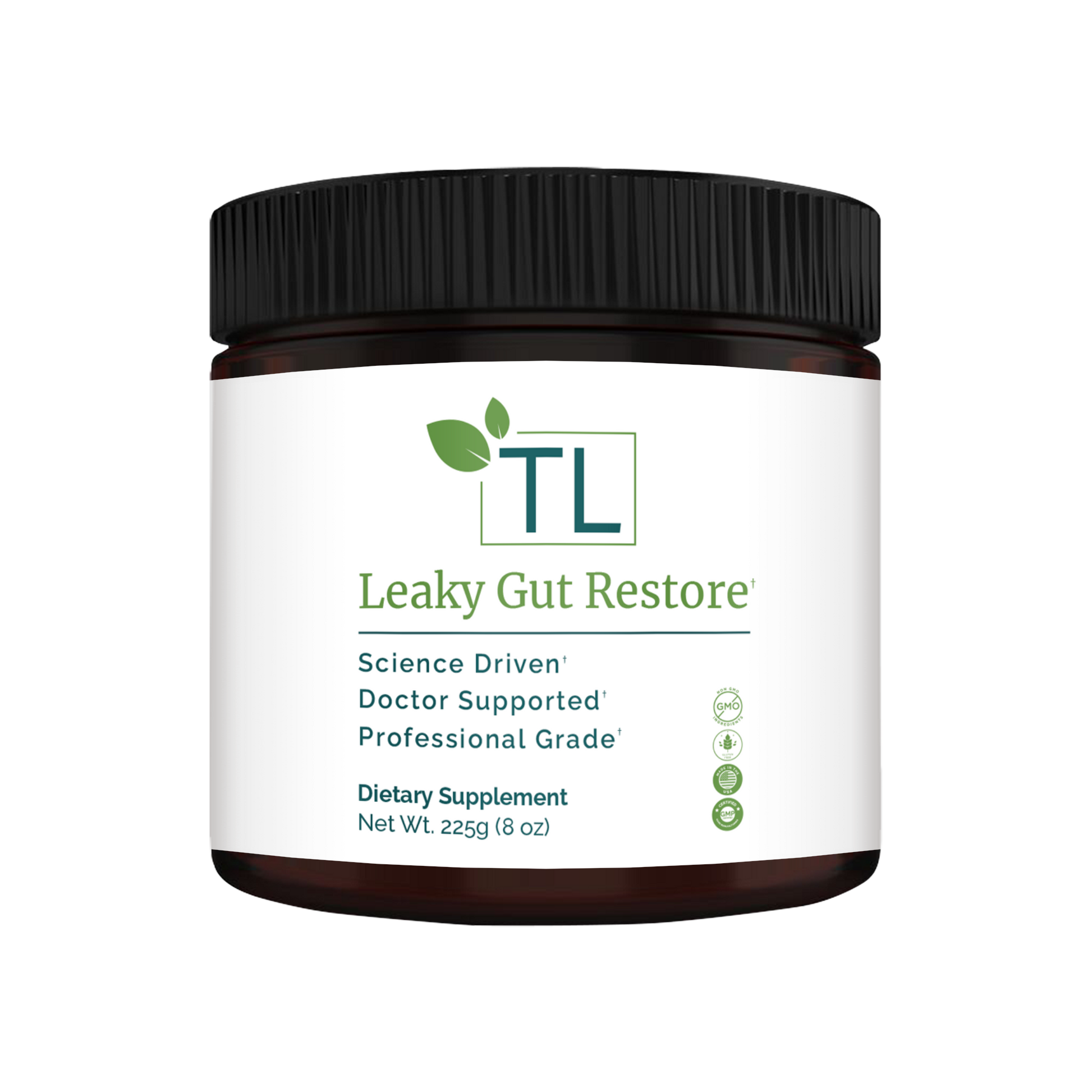 Leaky Gut Restore supplement bottle - A blend of amino acids, botanicals, and minerals supporting gut health, intestinal integrity, and a healthy inflammatory response.