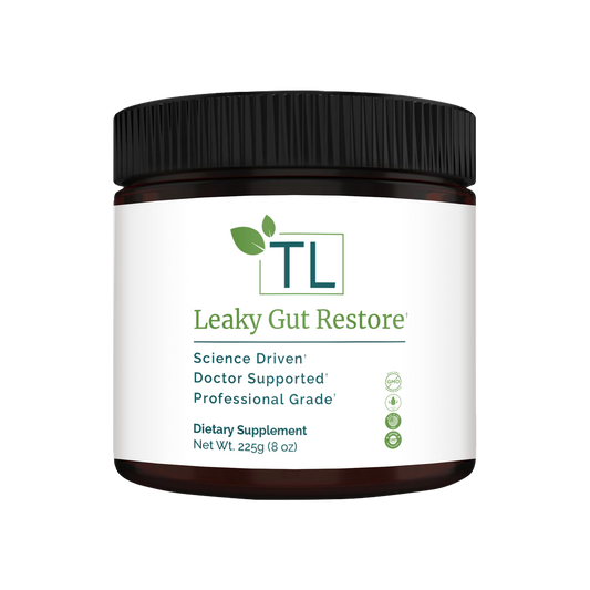 Leaky Gut Restore supplement bottle - A blend of amino acids, botanicals, and minerals supporting gut health, intestinal integrity, and a healthy inflammatory response.