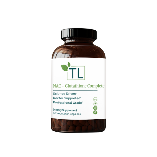 NAC Glutathione Complete supplement bottle - A powerful blend of NAC and glutathione supporting antioxidant status, detoxification, and immune health.