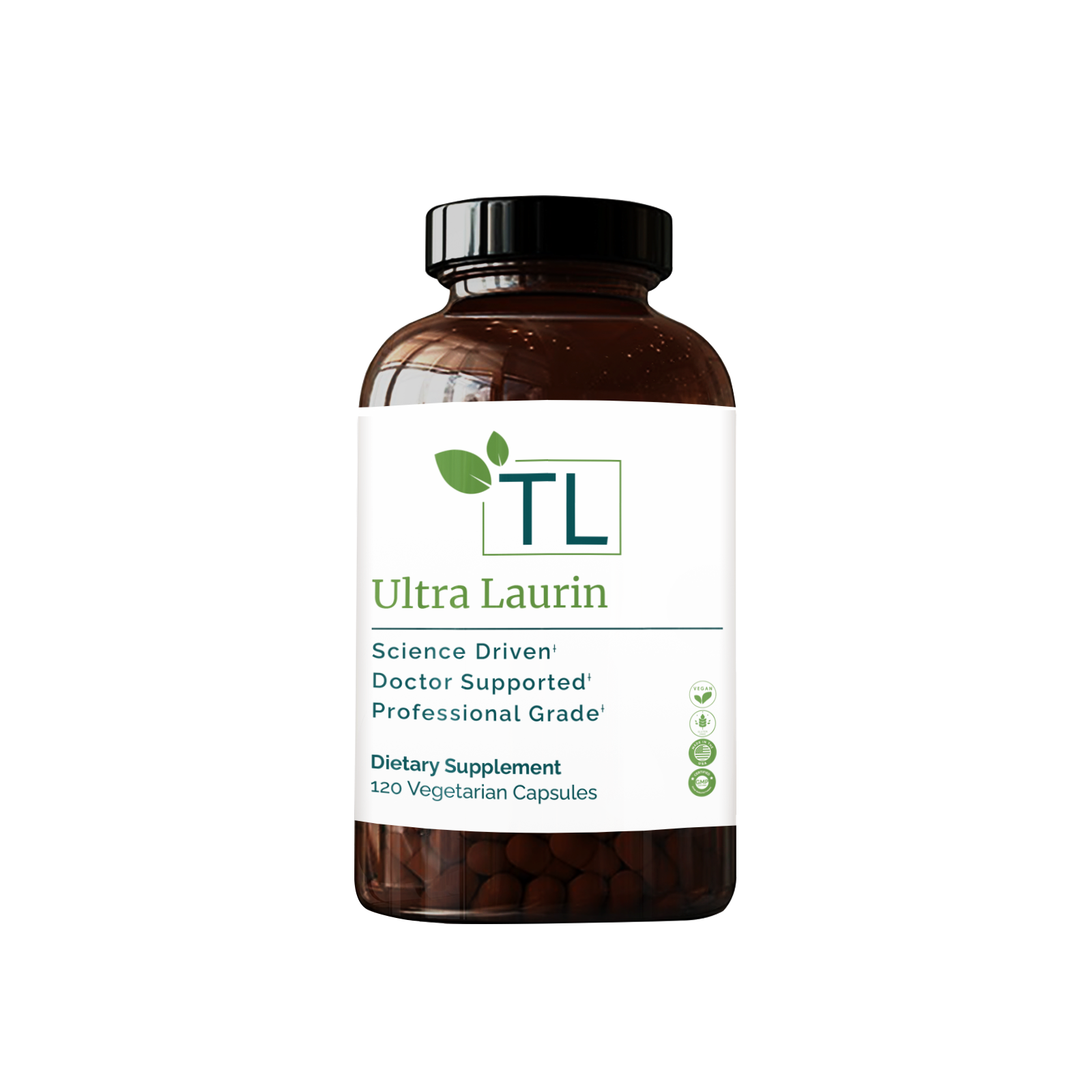 Ultra Laurin supplement bottle - A monolaurin formula with vitamin C supporting immune health, gut microbial balance, and healthy inflammatory response.